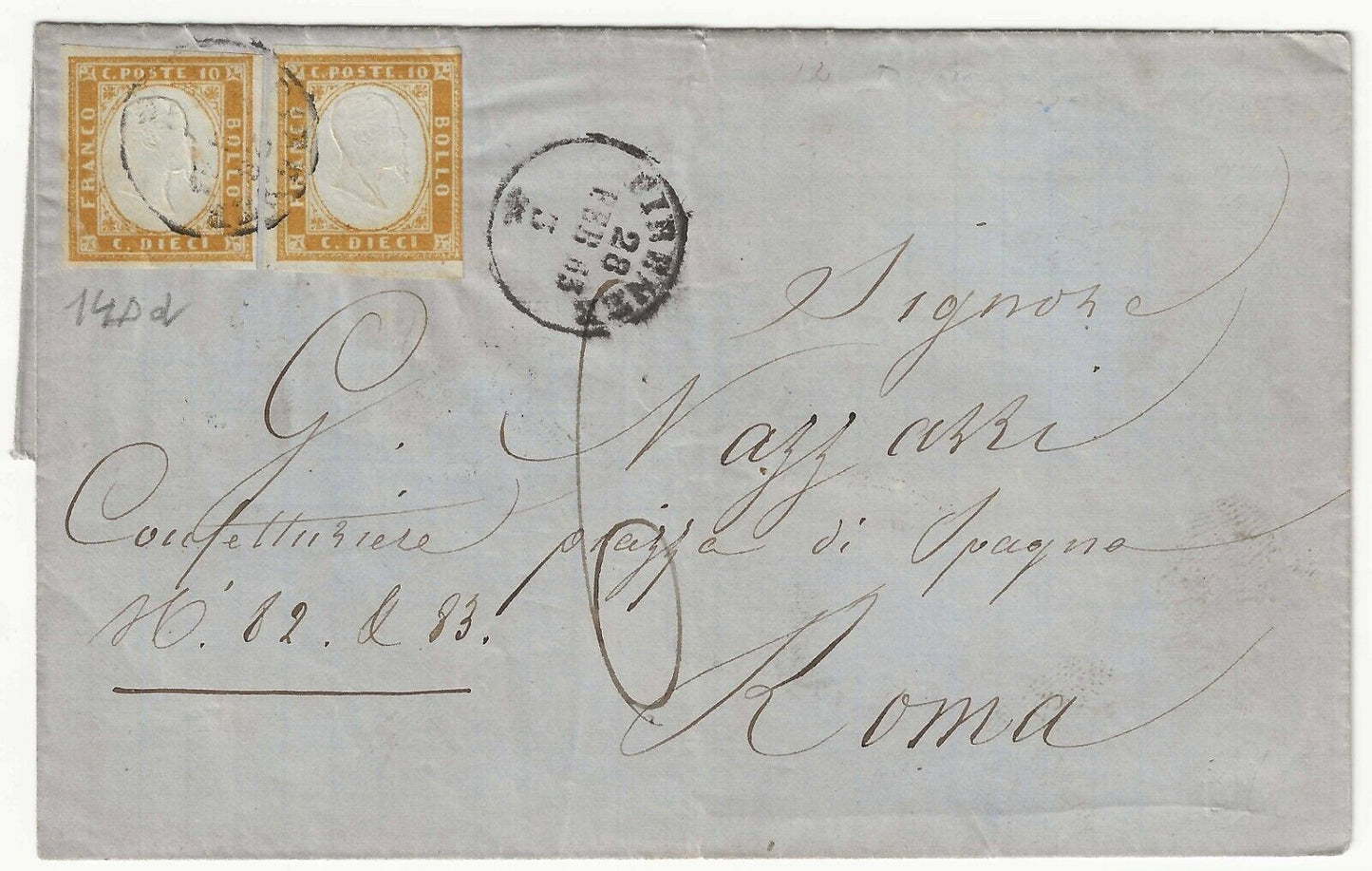 Antichi Stati (Sardegna) - Coppia 10 cent. giallo ocra 1862 su piego per Roma