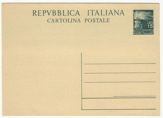 1949 Repubblica - Cartolina "Repubblica Italiana" nuova 15 L. verde Democratica