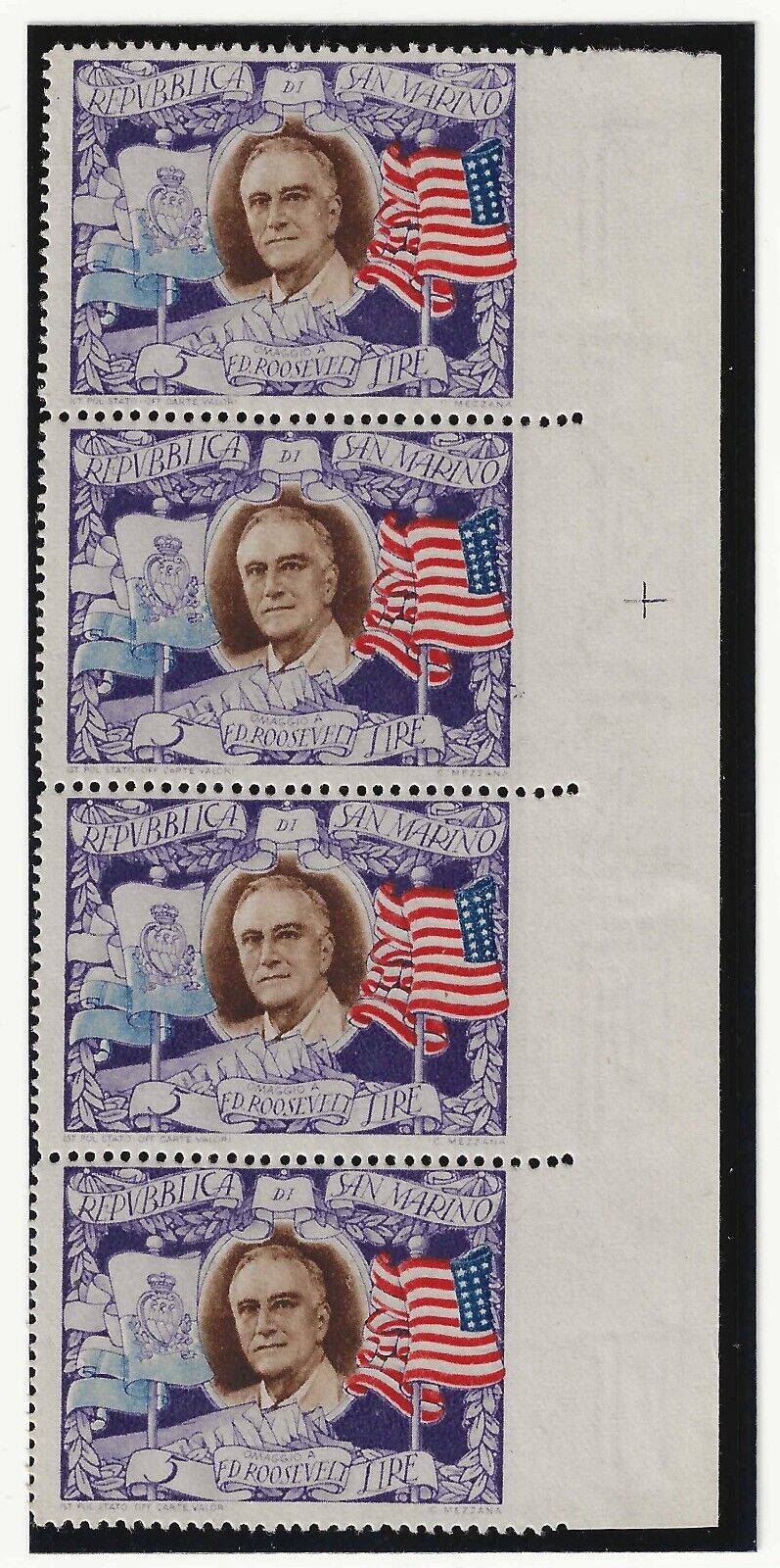 1947 San Marino - Striscia 5 L. Roosevelt non dentellata a destra MNH**