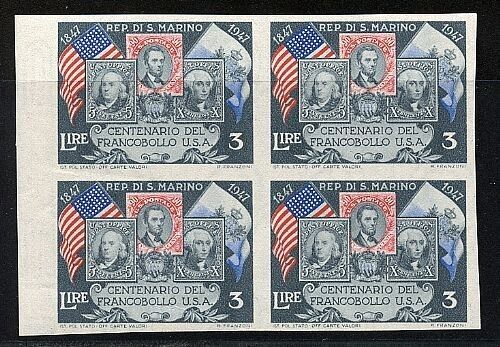 1947 San Marino - Blocco 3 L. Centenario francobolli USA non dentellato MNH**