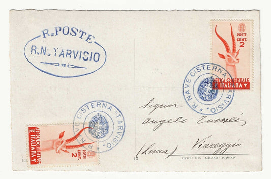 Italian East Africa - Pair 2 c. orange 1938 on postcard for Viareggio