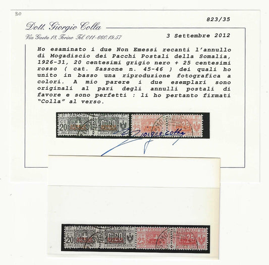 1926/31 Colonie (Somalia) - 20 e 25 c. Pacchi Postali non emessi usati G. Colla