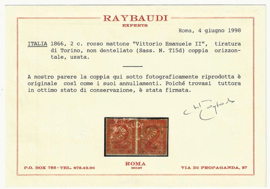 1866 Regno d'Italia - Coppia 2 c. rosso mattone Torino non dentellati usati