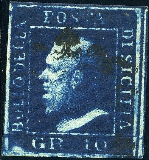 1859 Antichi Stati (Sicilia) - 10 gr. azzurro cupo usato pos. 37, stampa fluida