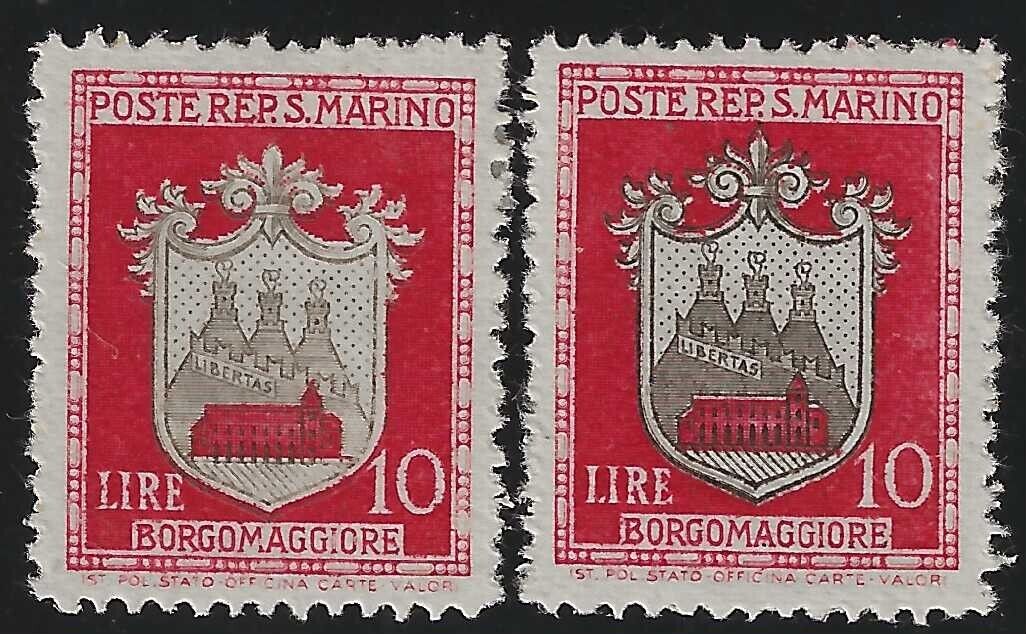 1945 Saint-Marin - Armoiries 10 L. centre évanescent + normal par rapport à MH*