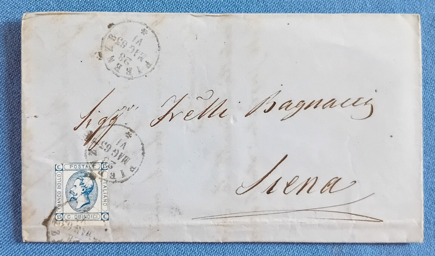 Regno d'Italia - 15 cent. litografico 1863 (I tipo) su piego per Siena