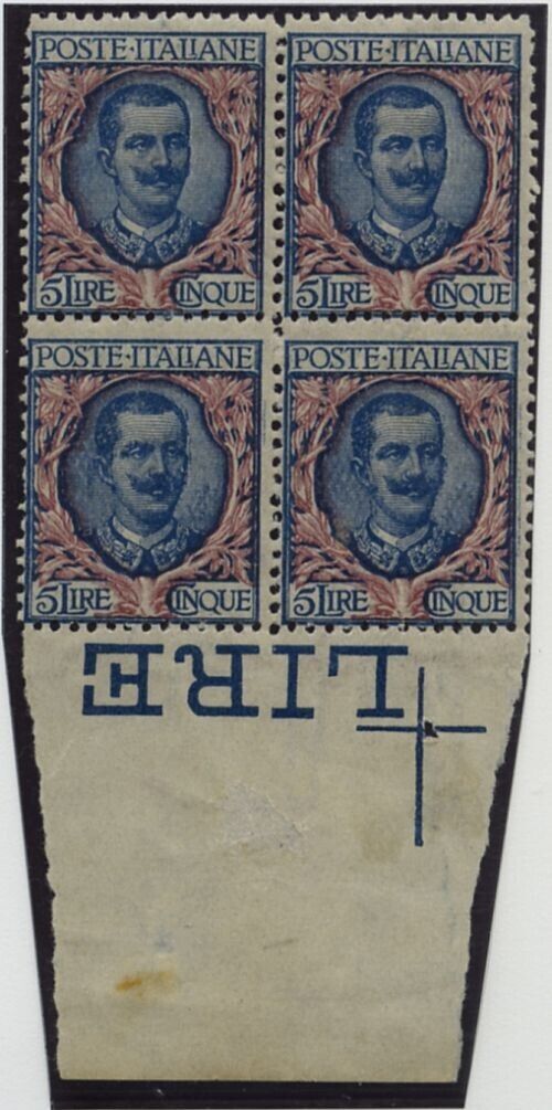 1901 Regno d'Italia - Floreale 5 L. quartina bordo di foglio MNH**