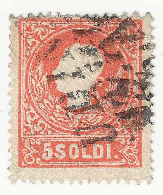 1859 Antichi Stati - 5 s. rosso Lombardo Veneto effigie Francesco Giuseppe usato