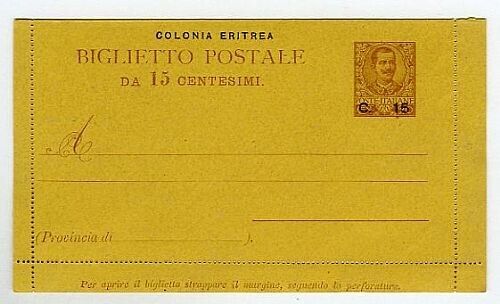 1905 Colonie (Eritrea) - Biglietto Postale 15 su 20 c. Provvisori Floreale nuovo