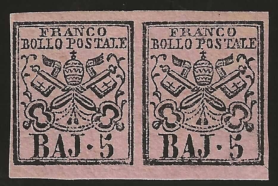 1852 Antichi Stati (Pontificio) - Coppia 5 baj. rosa carminio I emissione MH*