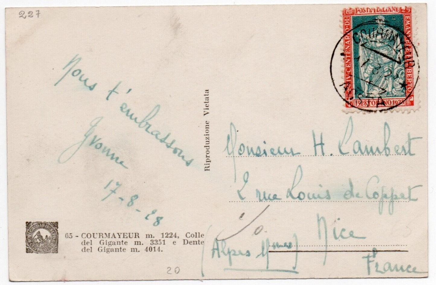 Kingdom - 25 c. birth Emanuele Filiberto isolated on postcard for France