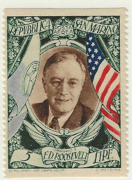 1947 San Marino - Posta aerea Roosevelt 5 L. non dentellato orizzontale MNH**