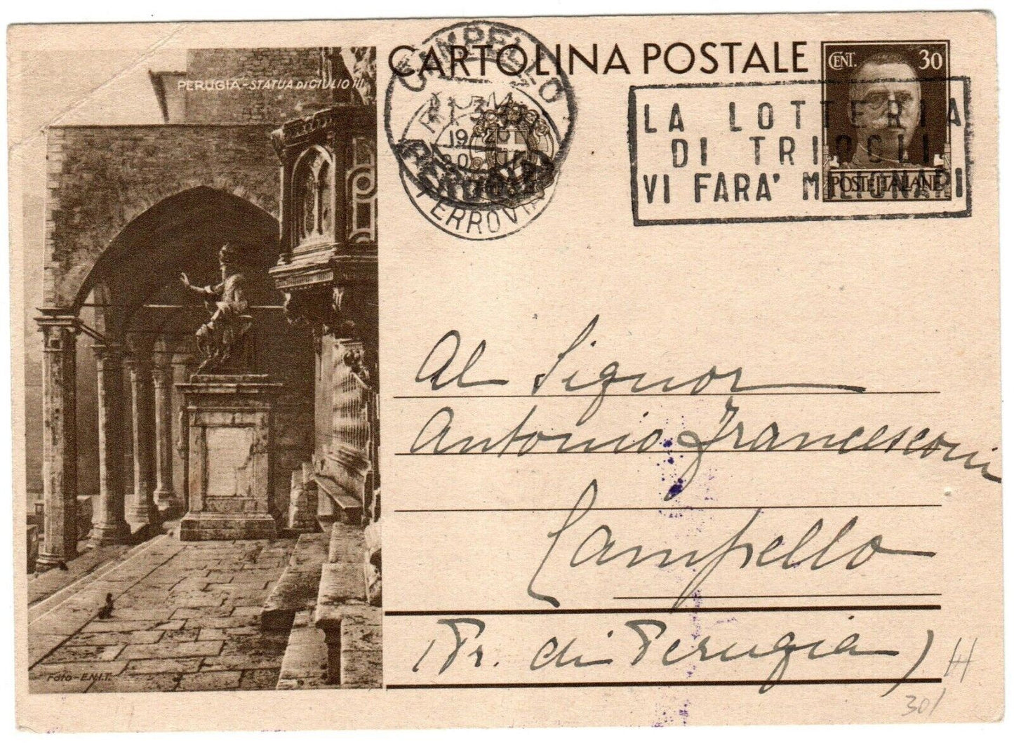 1933 Regno d'Italia - Cartolina Postale serie Turistica 30 c. Statua Giulio III