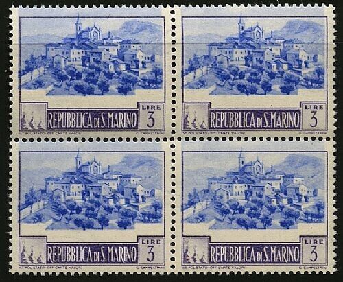 1949 San Marino - 3 L. Vedute in quartina con centro spostato in alto MNH**