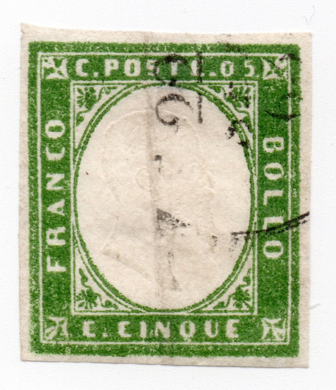 1855 - Antichi Stati Italiani (Sardegna) - V.E. II, 5 c. verde usato