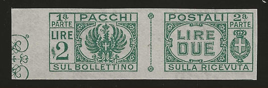 1944 Repubblica sociale RSI - 2 L. Pacchi postali senza fasci non dentellato MNH