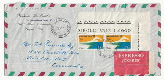 Repubblica - Couple 180 L. "Universiadi Torino" 1970 sur enveloppe pour les USA