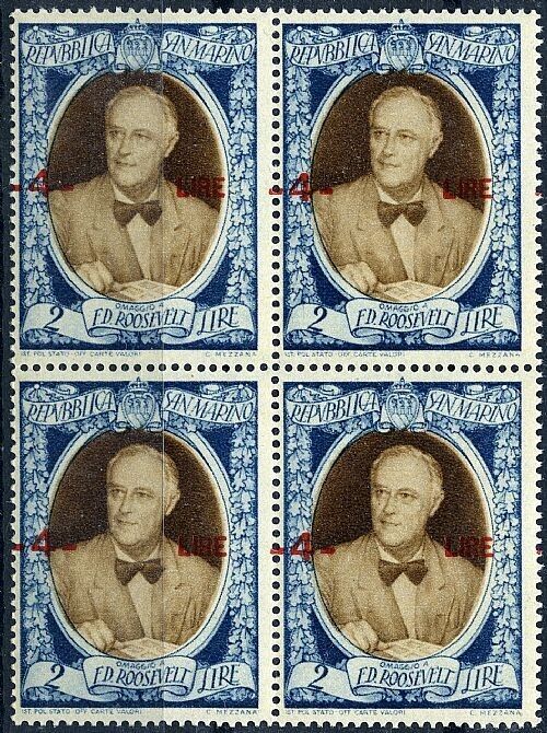 1947 San Marino - Quartina 4 su 2 L. soprastampata in alto Roosevelt MNH**