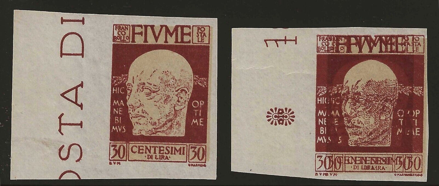 1920 Fiume - 30 c. D'Annunzio bordo di foglio uno normale uno doppia stampa MNH