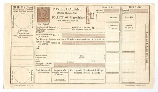 1930/37 Regno d'Italia - Bollettino Pacchi Postali "Giubileo" 10 L. nuovo