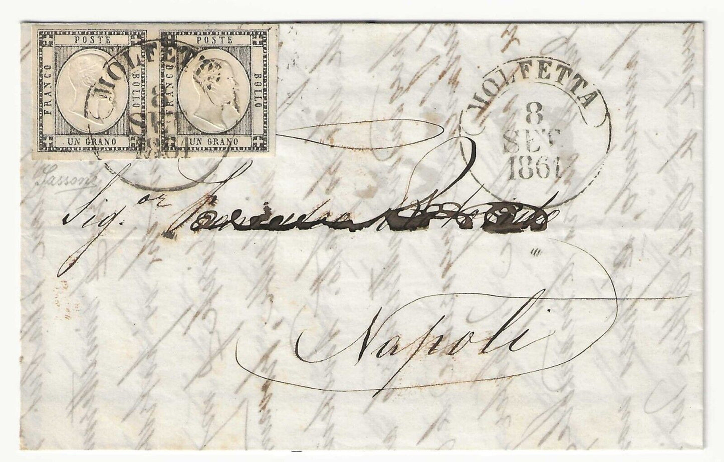 Antichi Stati (Napoli) - Coppia 1 gr. nero da Molfetta a Napoli 8 SET 1861