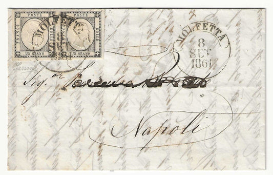 Antichi Stati (Napoli) - Coppia 1 gr. nero da Molfetta a Napoli 8 SET 1861