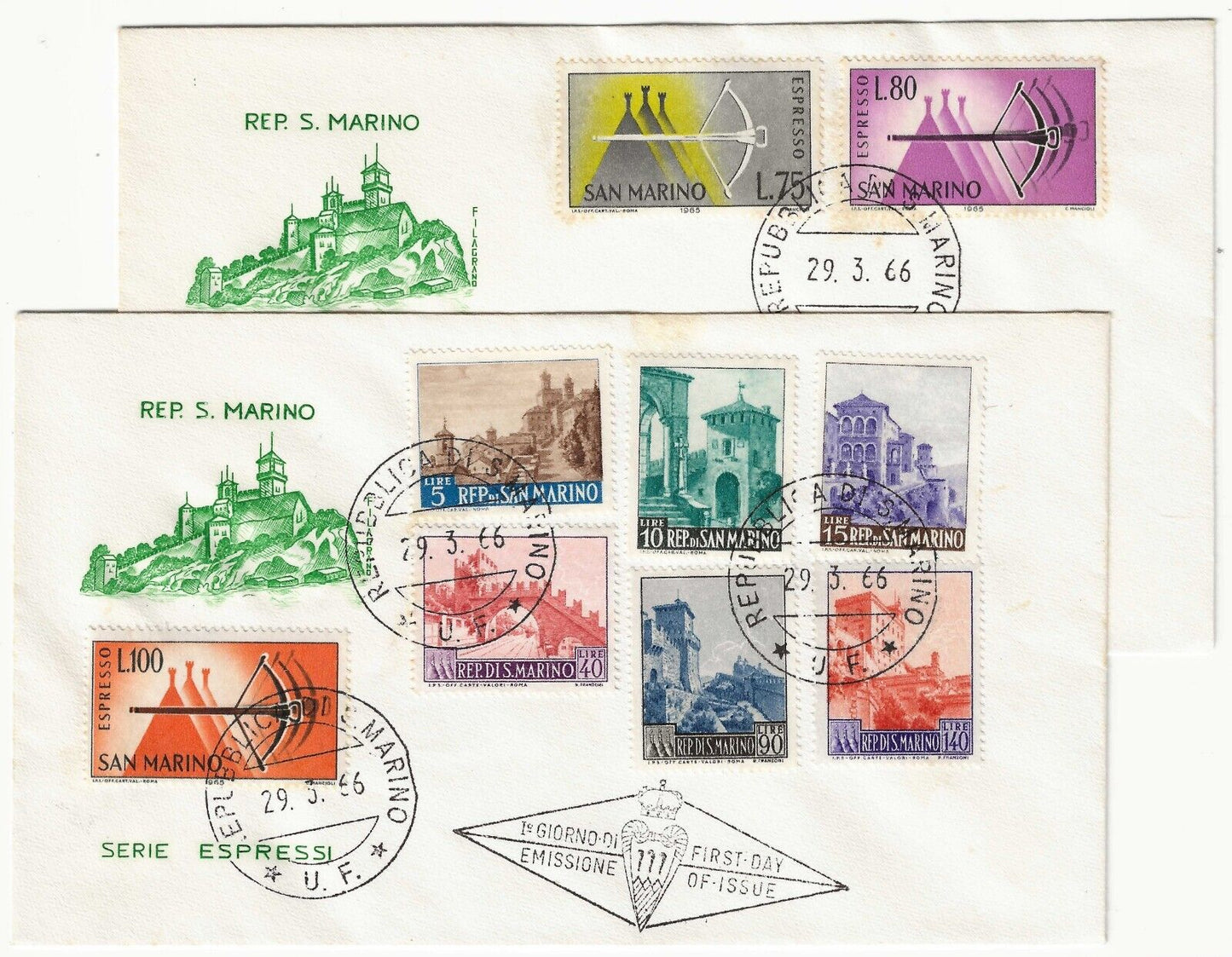 1966 San Marino - Envelopes FDC Valori Vedute e Espressi Balestra 29 March