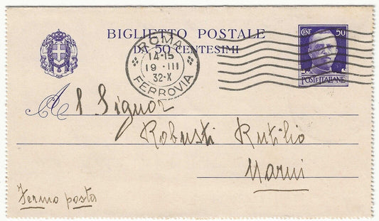 1931 Regno d'Italia - Biglietto Postale 50 cent. viola Imperiale usato per Narni