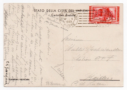 Vaticano - 75 c. Congresso Archeologia 1938 isolato su cartolina per la Svizzera