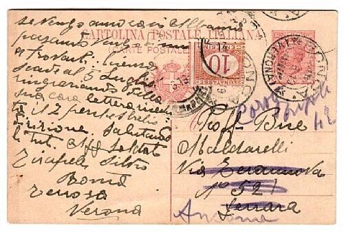 1908 Regno - Cartolina Postale bilingue 10 c. Leoni con 10 c. segnatasse