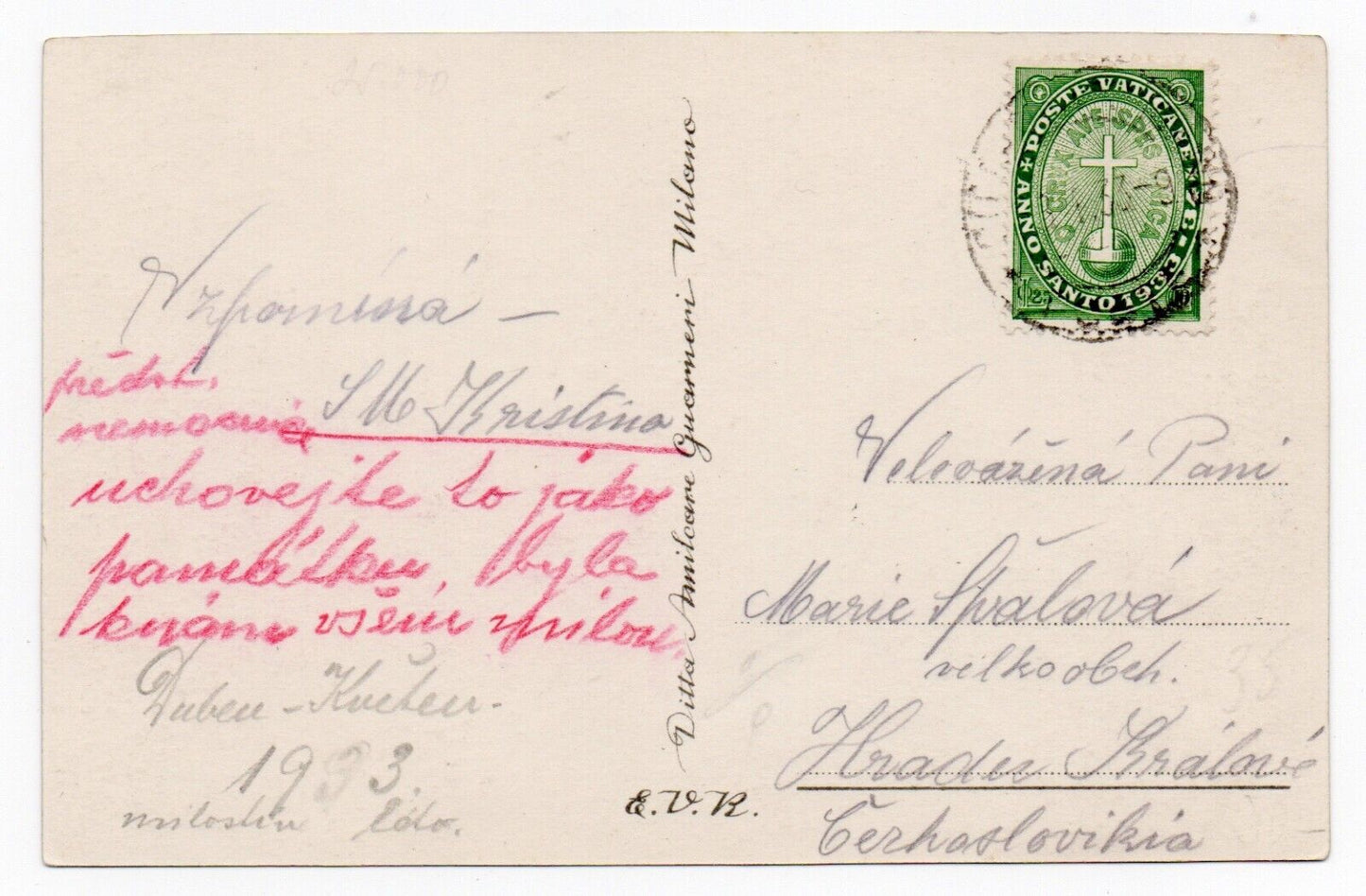 Vatican - 25 + 10 s. Année sainte 1933 isolée sur carte postale pour la Tchécoslovaquie