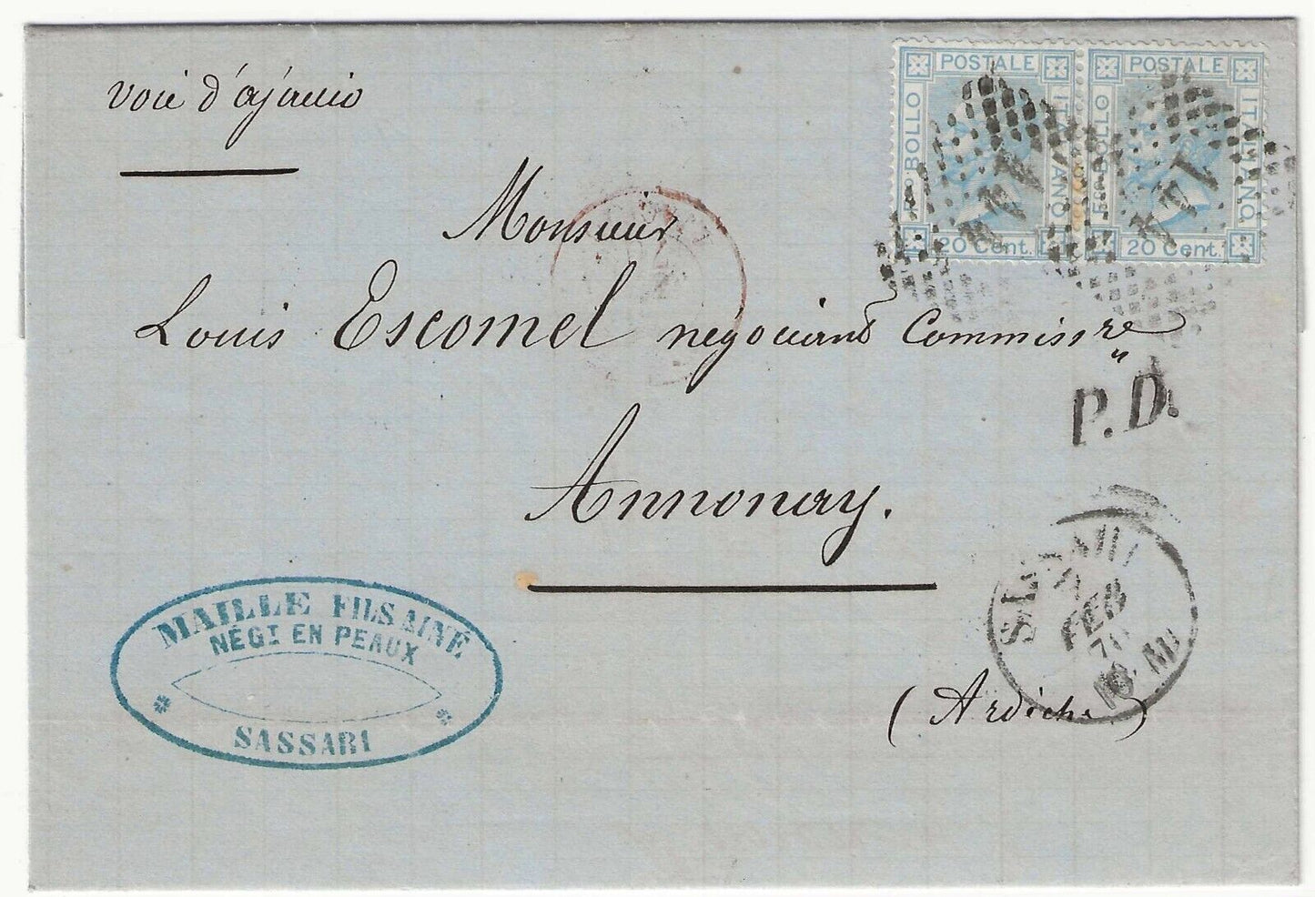 Regno d'Italia - Coppia 20 c. 1867 su lettera per Annonay bollo Ajaccio rosso