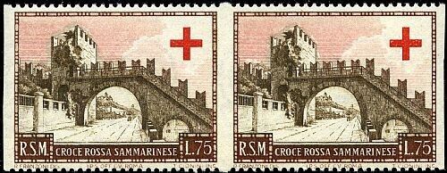 1951 San Marino - Croce Rossa coppia 75 L. non dentellato verticalmente MNH**