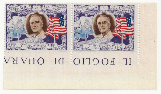 1947 San Marino - 5 L. Roosevelt varietà angolo di foglio non dentellato MNH**