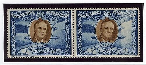 1947 San Marino - Coppia 1 L. Roosevelt con stampa evanescente parziale MNH**