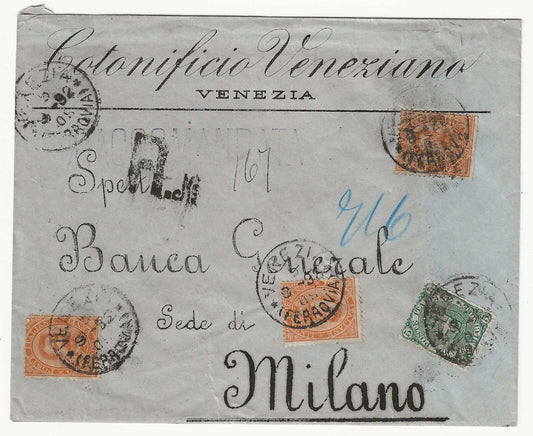 Regno d'Italia - Busta bicolore con 20 c. Umberto 1879 e 5 c. 1891 per Milano