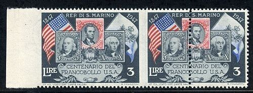 1947 San Marino - Centenario francobolli USA 3 L. varietà MNH**