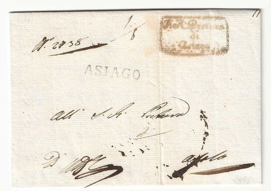 Lombardo Veneto - Prefilatelica 1833 con bollo nero Asiago stampatello