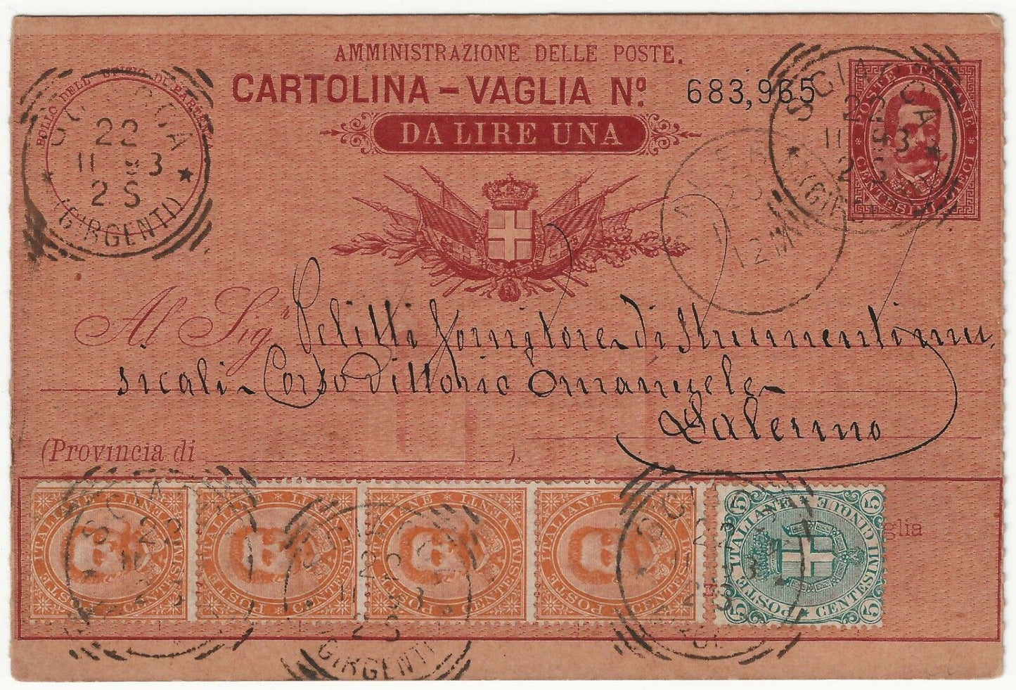 Regno d'Italia - Cartolina vaglia 10 c. con affrancatura tricolore Umberto 1879