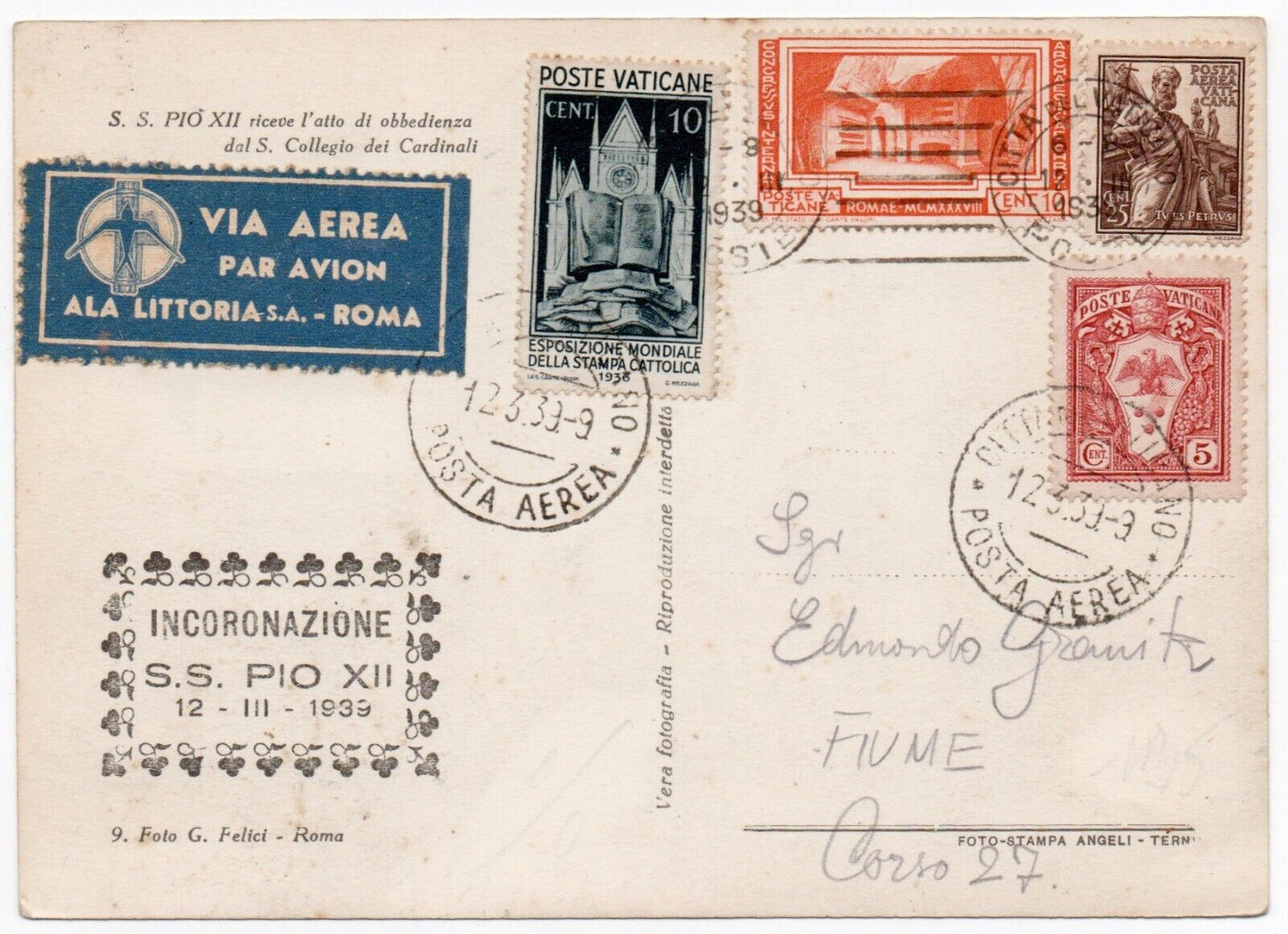 Vatican - Carte postale pour Fiume Airmail Couronnement Pie XII oblitérée 12.3.39