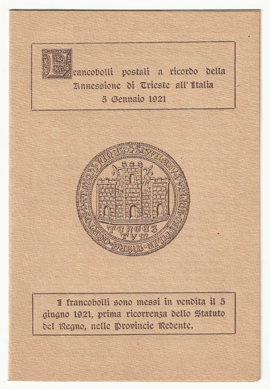 1921 Regno d'Italia - Annessione Venezia Giulia libretto celebrativo FDC raro