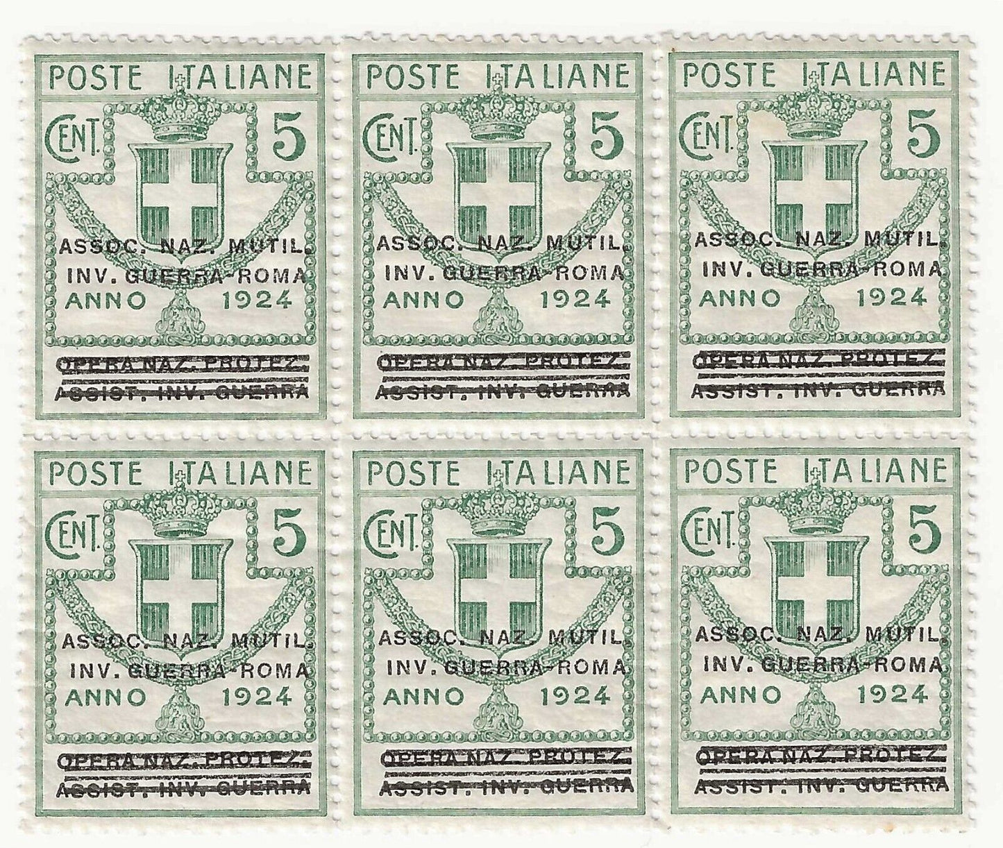 1924 Royaume d'Italie - Organismes paraétatiques, Bloc de six val. 5 centimes. vert MNH**