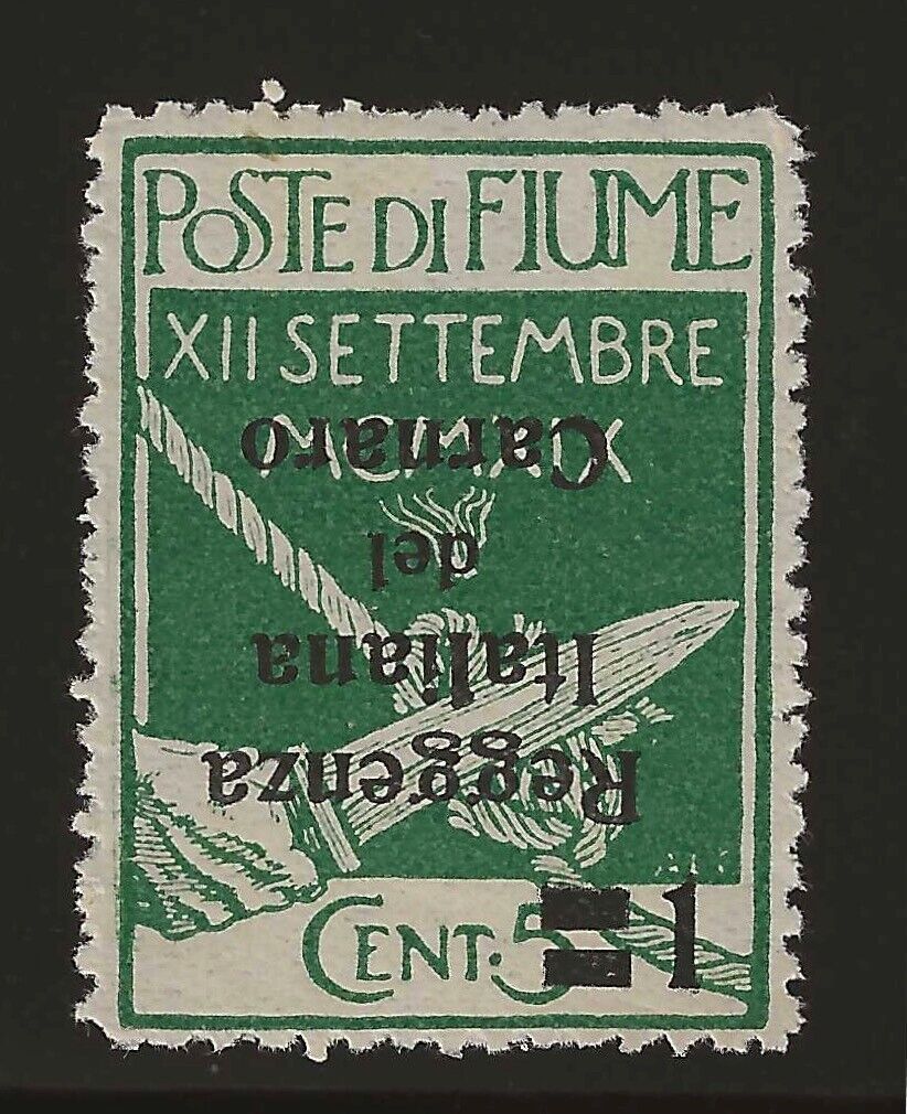 1920 Fiume - 1 su 15 cent. verde Reggenza del Carnaro soprastampa capovolta MH*