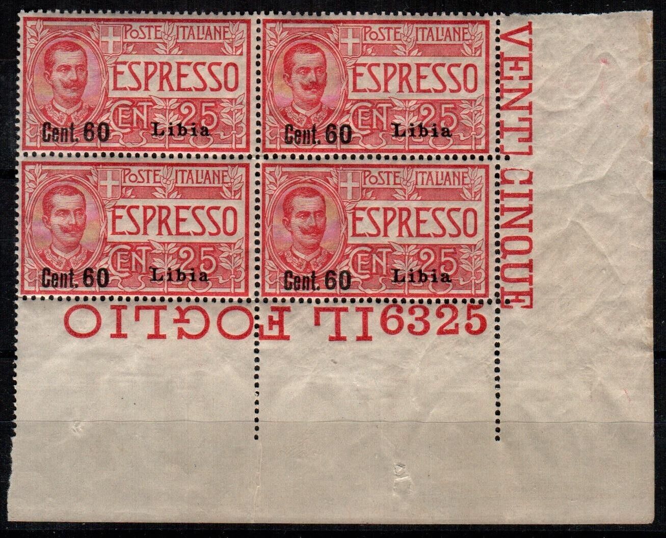 1922 Colonie (Libia) - Quartina Espresso 60 su 25 cent. soprastampato MNH**