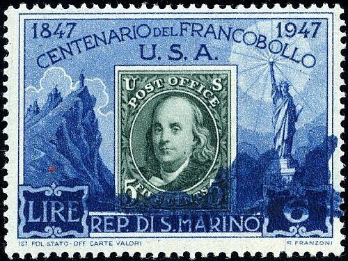 1947 San Marino - Centenario francobollo USA 6 L. con macchia di colore MNH**