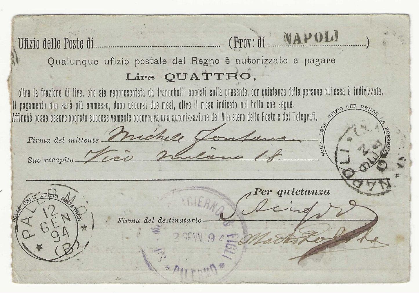 Regno d'Italia - Striscia di 20 cent. Umberto 1879 su cartolina vaglia 4 Lire