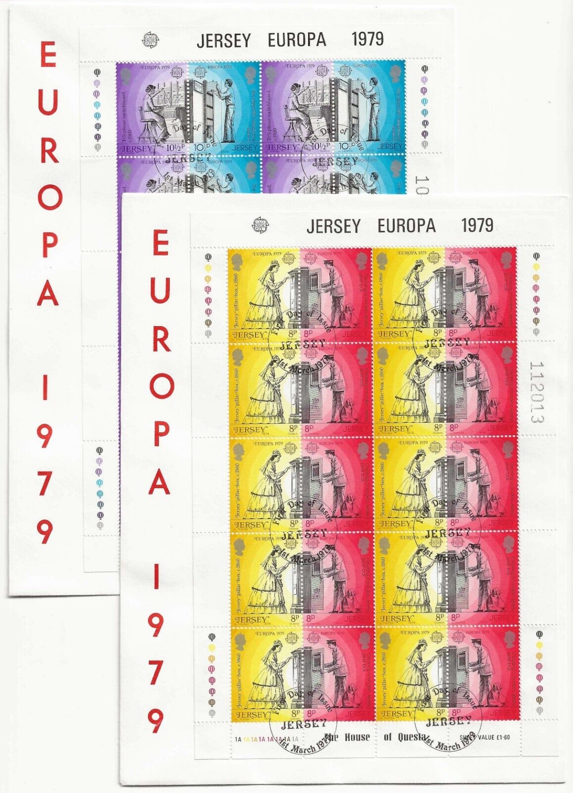 1979 - Europa CEPT (Jersey) - "Postal history", two envelopes with miniature sheets BU