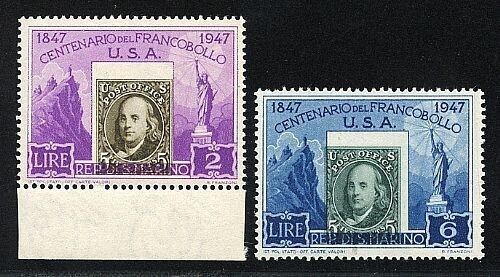 1947 San Marino - Centenario francobolli USA 2 e 6 L. centri spostati MNH**