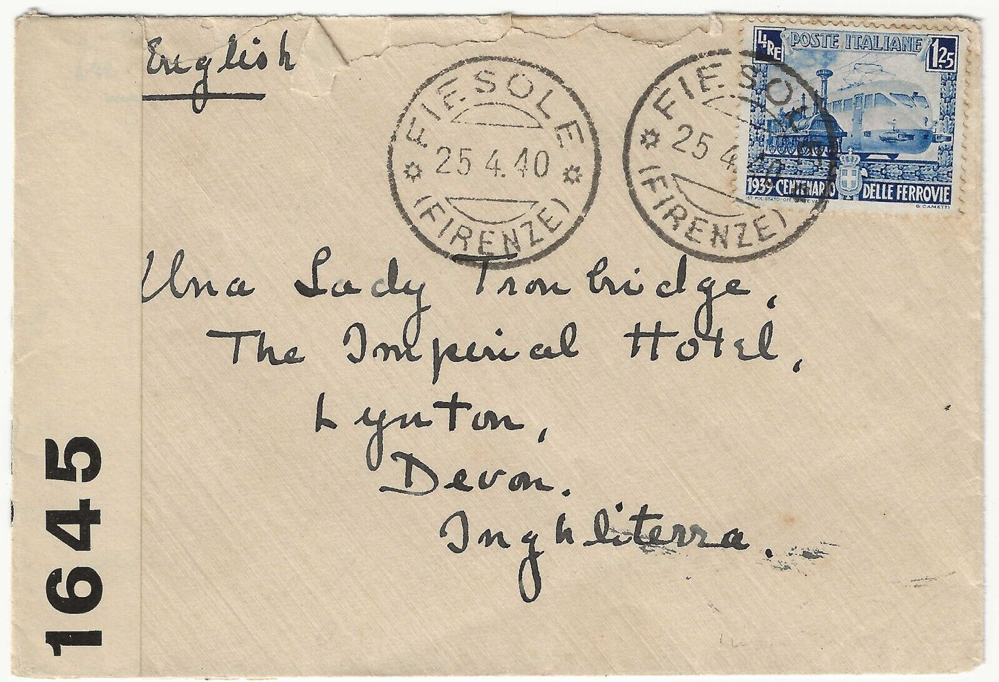 Kingdom - 1.25 L. Centenary of Italian Railways isolated on envelope for England