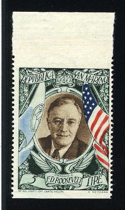 1947 San Marino 5 L. Roosevelt PA not perforated horizontal sheet edge MNH**